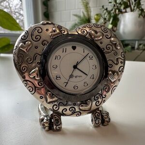 Brighton Silver Tone Heart Travel Desk Clock - New Battery 12/2025 - Runs Great!